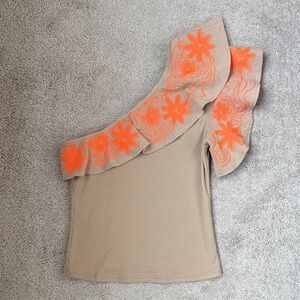 One Shoulder Tan and Orange Top